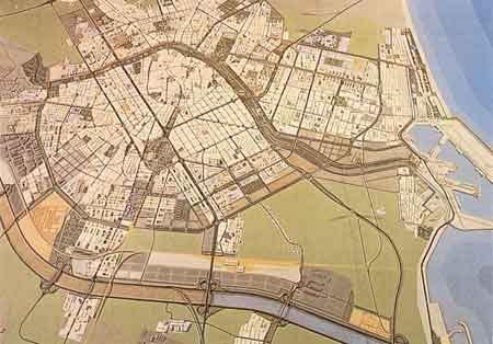obr. 3 : Model Južného plánu Plan Sur - preloženie koryta rieky Túria južne od mesta Valencia (1961) zdroj: [1] obr.