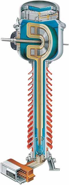 1. PRZEKŁADNIKI PRĄDOWE > Izolacja papierowo-olejowa, gazowa, sucha PRZEKRÓJ 1. System kompensacji objętości oleju 2. Wskaźnik poziomu oleju 3. Zacisk pierwotny 4. Rdzeń i uzwojenie wtórne 5.