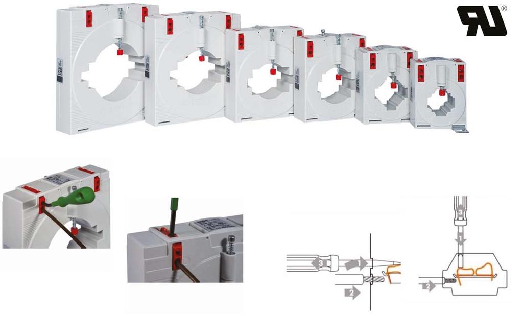 Przekładnik prądowy ze złączem sprężynowym na zaciskach wtórnych, opatentowany system Cage Clamp, certyfikat UL złącze sprężynowe, technologia Cage Clamp Pierwszy na świecie przekładnik prądowy ze