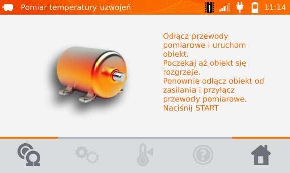 Odłączyć przewody pomiarowe od silnika, uruchomić silnik. Po żądanym czasie pracy wyłączyć silnik, ponownie podłączyć miernik do uzwojenia silnika i wcisnąć przycisk START/STOP.