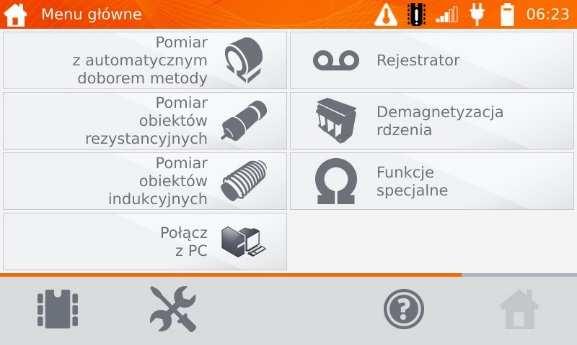 2 Ustawienia ogólne - menu Po włączeniu miernika wyświetlane jest menu główne. Sygnalizacja przegrzania zasilacza, akumulatora lub zadajnika prądu pomiarowego, a także brak akumulatora.