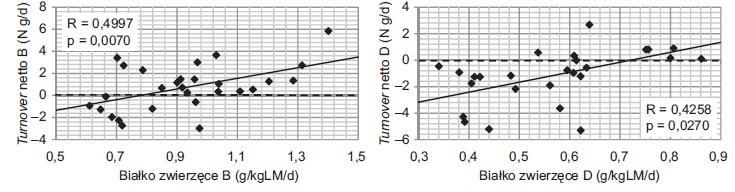 Zależność między turnover białka netto a spożyciem białka zwierzęcego z dziennymi racjami pokarmowymi (g/kglm/d) u osób po PN w