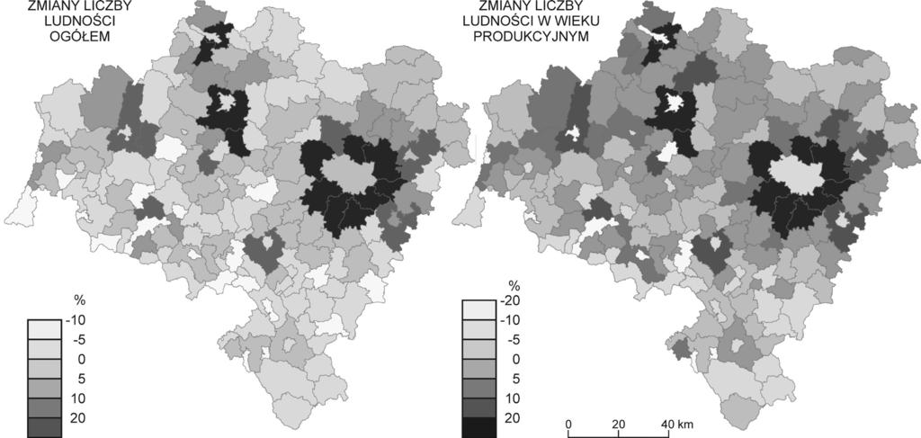 Aż w 20 jednostkach przyrost był większy niż 20%, a rekordziści (Jerzmanowa i Czernica) osiągnęli wzrosty powyżej 50% (rys. 4A). Rys. 3.