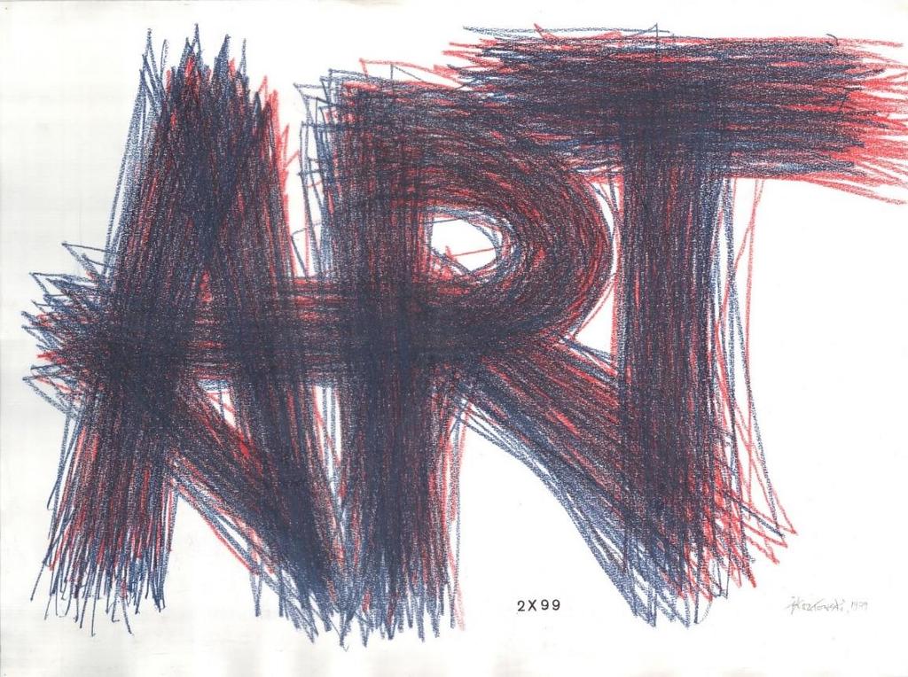 [11] Jarosław Kozłowski (1945) ART x 99 + 99 1979 Rysunek, czerwona i niebieska kredka, litery letrasetowe, karton, 61,5 x 82,7 cm; w oprawie (drewniana rama, szkło) Sygn. i dat. na przodzie; sygn.