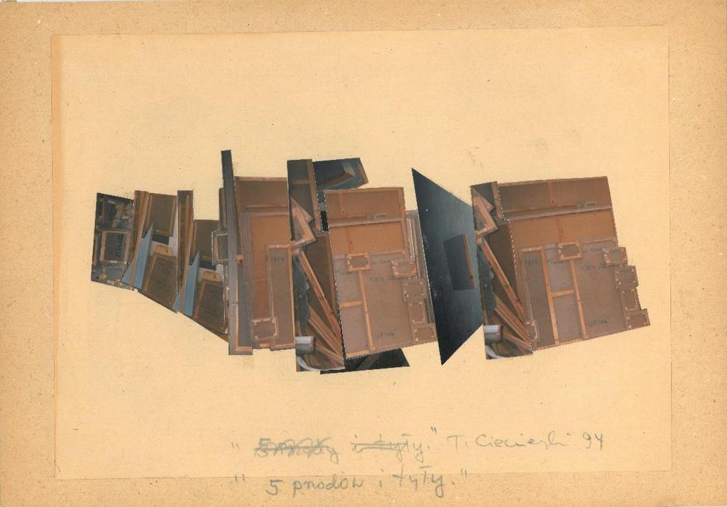 [24] Tomasz Ciecierski (1945) 5 przodów i tyły 1994 Kolaż, fotografia na papierze, ołówek, papier podklejony na kartonie, 24,5 x 35 cm; w oprawie (drewniana rama, szkło) Sygn., dat.