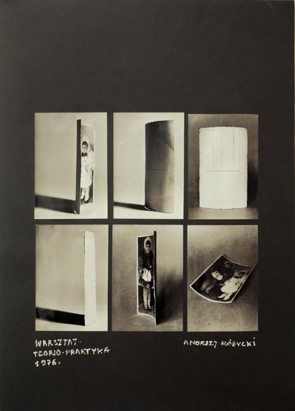 [25] Andrzej Różycki (1942) Warsztat. Teorio-praktyka 1976 Sześć odbitkek żelatynowo-srebrowych, papier, wym. 12 x 17,7 cm każda, podklejonych na czarnym kartonie o wym.