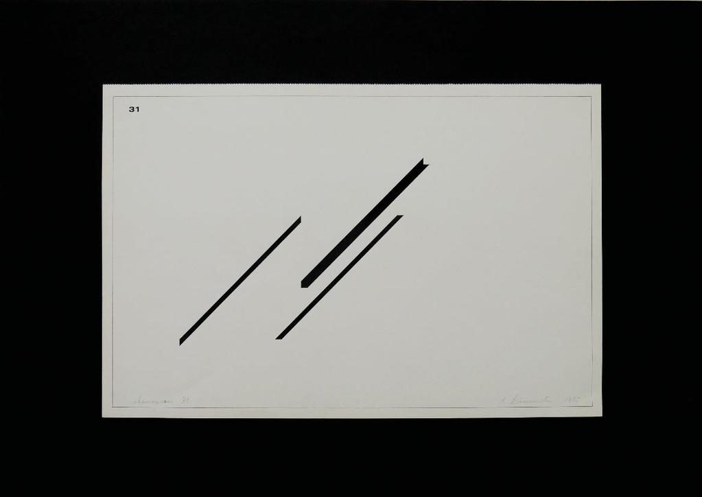 [6] Andrzej Dłużniewski (1939-2012) z serii Ikonogramy, nr 31 1975 Rysunek, tusz, papier. 32,6 x 49,1 cm podklejone na czarnym kartonie o wym. 49,5 x 69,8; w oprawie (drewniana rama, szkło) Sygn.