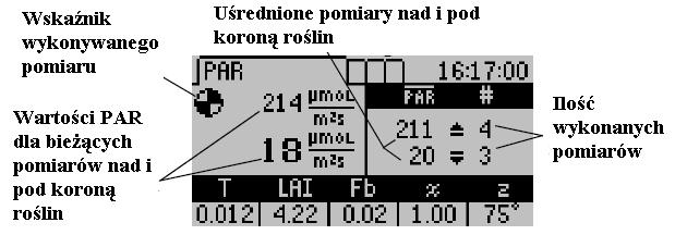 Wykonywanie pomiarów Aby wykonać i zapisać odczyt ponad koroną roślin należy wcisnąć przycisk-strzałkę górną będąc w menu pomiarowym. Wynik zostanie wyświetlony w prawej górnej sekcji wyświetlacza.