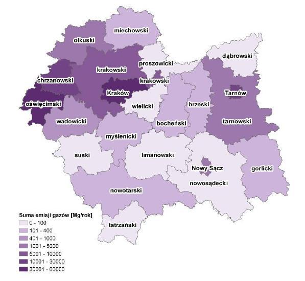 Rysunek 1. Emisja pyłów ze źródeł punktowych w powiatach województwa małopolskiego w roku 2012 (Źródło: Raport o stanie środowiska w województwie małopolskim w 2013 roku, WIOŚ w Krakowie) Rysunek 2.