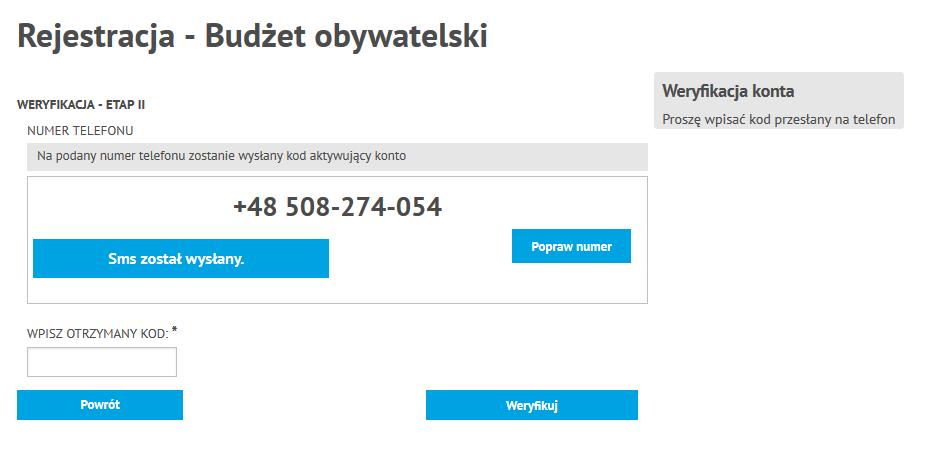 +48 123 123 123 Po zatwierdzeniu formularza system wysyła na podany numer telefonu komórkowego SMS-a z 6-cyfrowym kodem, który wpisujemy w