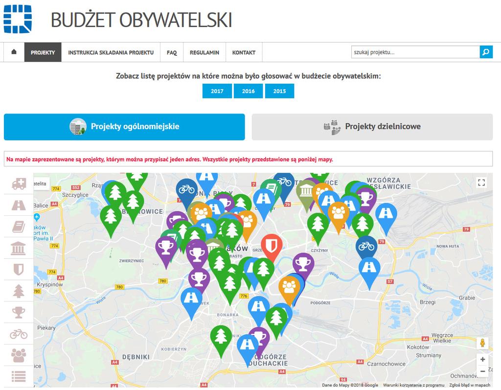 Zobaczymy mapę z projektami oraz ich listę, a na górze dwa przyciski, które pozwolą nam przełączać się między projektami ogólnomiejskimi i dzielnicowymi