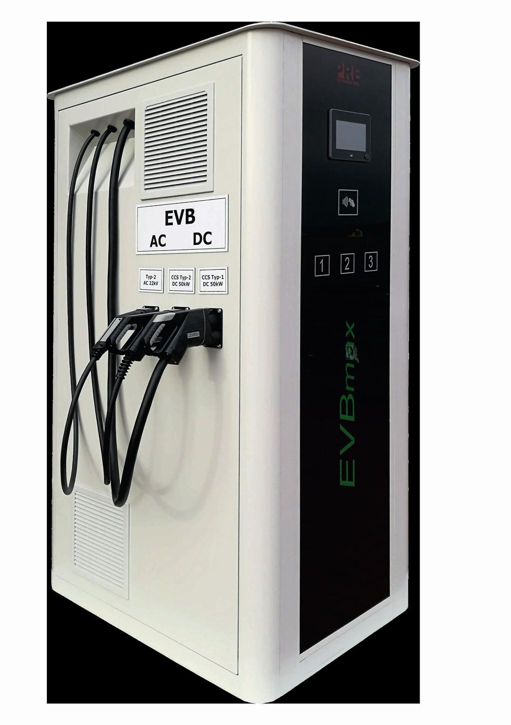 EVBmax DC Wolnostojąca EVBmax na prąd AC i DC to superszybka stacja ładowania pojazdów elektrycznych. Przeznaczone dla miejsc gdzie jest planowany szybki postój do 30 min.