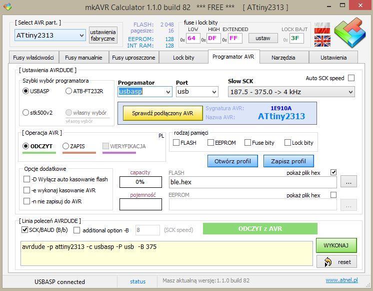 MkAvrCalculator Sprawdzenie poprawnego podłączenia programatora i mikrokontrolera Wybór użytego