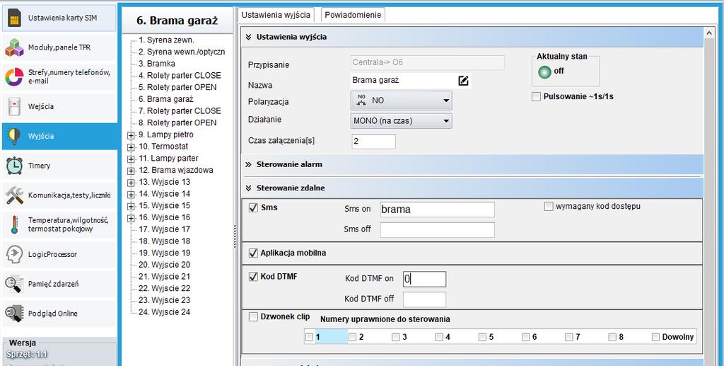 Wyjścia: sterowanie SMS/DTMF/app Centrala odbiera SMS-a z komendą i steruje wyjściem, dla