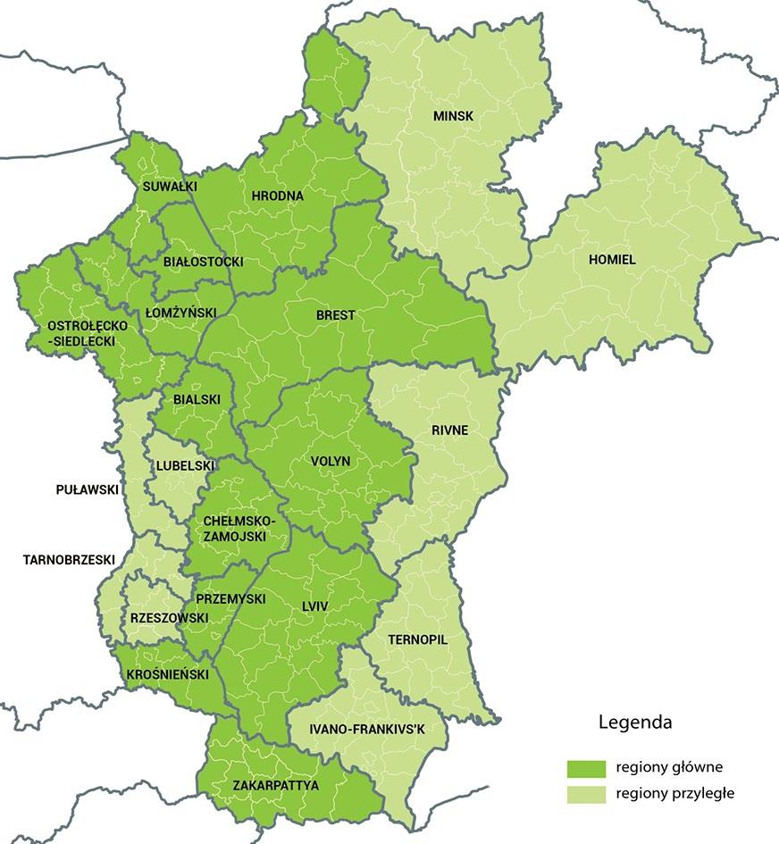 18 Bogdan Kawałko Długość granicy polsko-białoruskiej objętej programem wynosi 418 km, polsko-ukraińskiej 535 km, a białorusko-ukraińskiej 205 km. Wybrane regiony są spójne z definicją tzw.