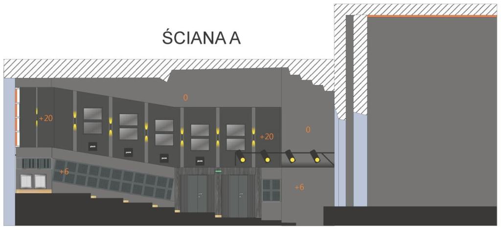 Rysunek 2. Przekrój przestrzeni. Ilość miejsc dla publiczności 378 miejsc siedzących dla widzów. Kubatura przypadająca na jednego widza Przy maksymalnym wypełnieniu: ok. 9, m 3.