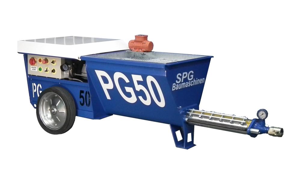 PG 50 PG 50 to uniwersalna pompa do pompowania i natrysku tynku cementowo-wapiennego, betonu drobnoziarnistego, tynków elewacyjnych (baranek), tynków akustycznych, tynków cienkowarstwowych, tynków