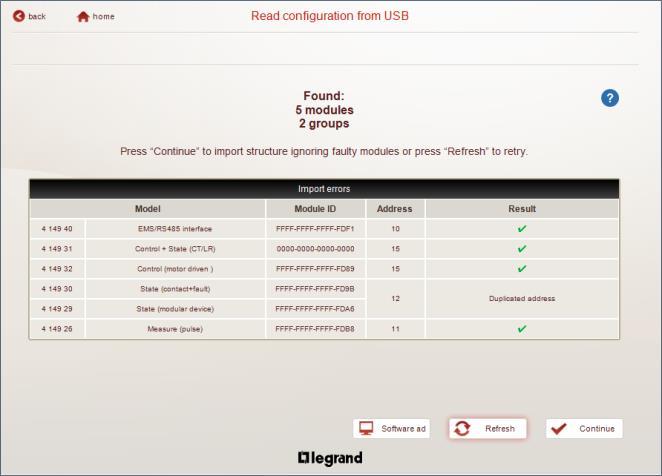 6.1.1 Odczyt konfiguracji z lokalnie zaadresowanego systemu Na stronie Konfiguracja systemu 1 1. Kliknij Wczytaj konfigurację z USB Wyświetli się strona z tabelą odczytanych parametrów 2.