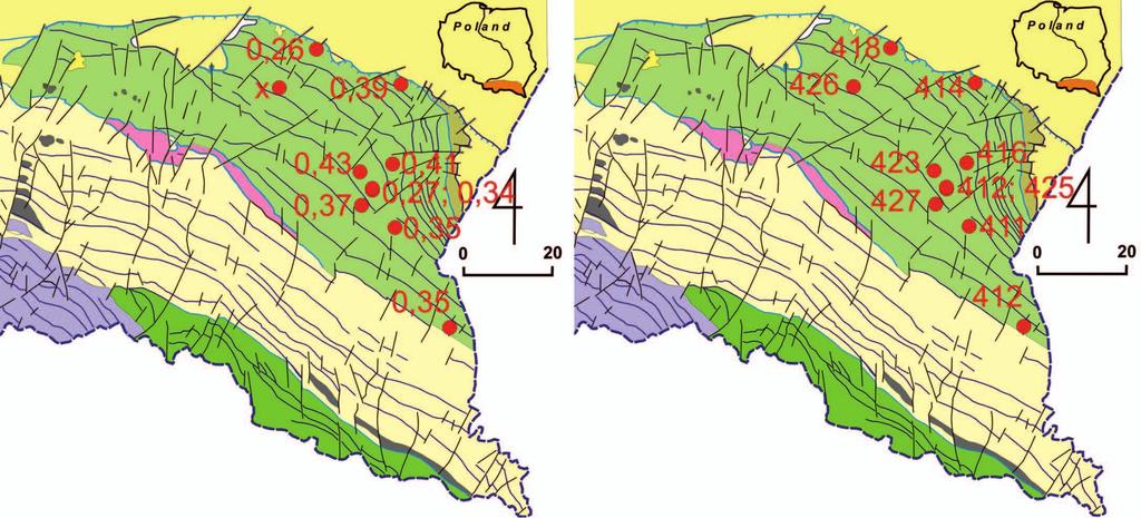 NAFTA-GAZ Fig. 3. Average values of vitrinite reflectance (left) and T max (right) within the investigated area macerals from liptinite group.