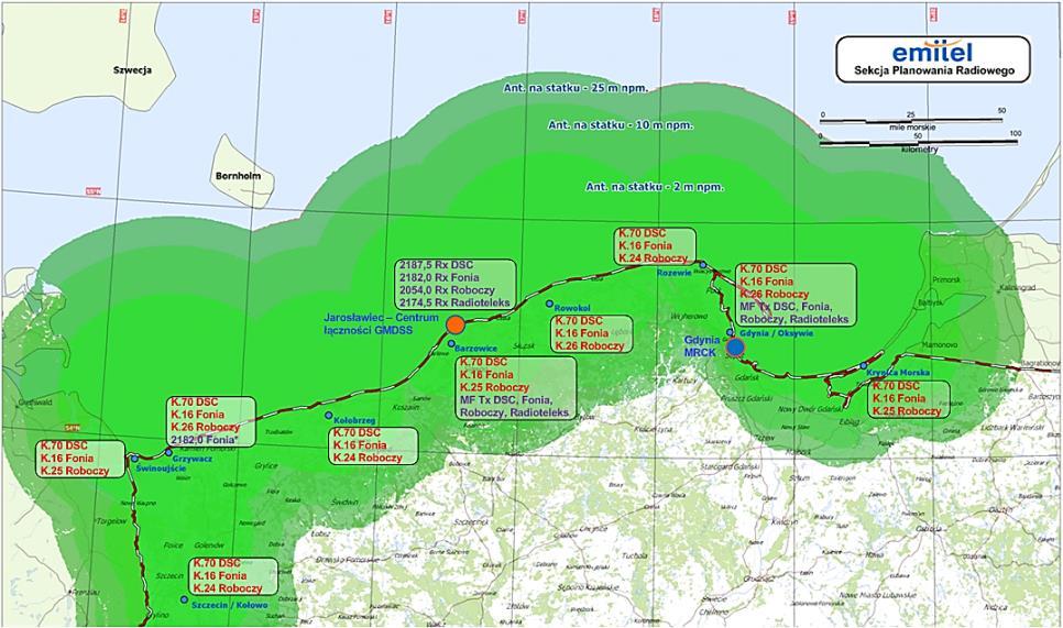 Bezpieczeństwo na morzu Mapa przedstawia zasięg systemu łączności morskiej dla poszukiwania i ratowania ludzi na Morzu Bałtyckim, który stanowi fragment ogólnoświatowego systemu bezpieczeństwa