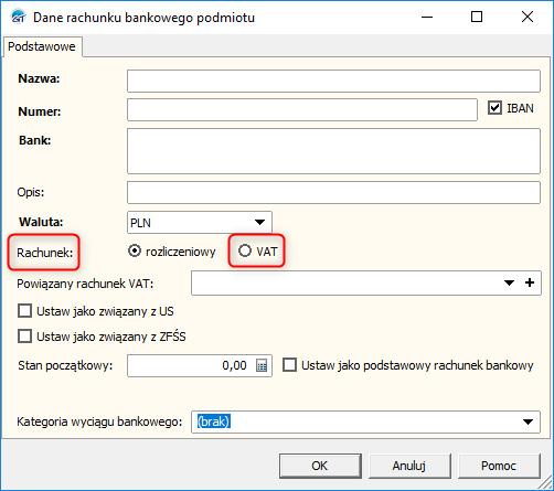 Rachunki bankowe W słowniku rachunków bankowych (moduł Administracja) znajduje się osobny typ rachunku bankowego VAT.