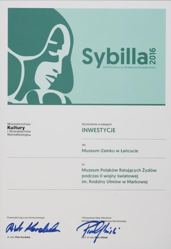 16.05.2017 r. Muzeum-Zamek w Łańcucie otrzymało wyróżnienie w XXXVII edycji Konkursu na Wydarzenie Muzealne Roku Sybilla 2016.