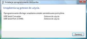 Sterownik interfejsu ecolink2 instaluje się w systemie tylko raz podczas pierwszego użycia interfejsu. Proces instalacji programu zostanie zakończony po samoczynnym wyłączeniu się okna systemowego.