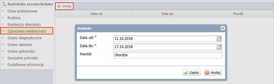 czerwony wpis nieobecność.