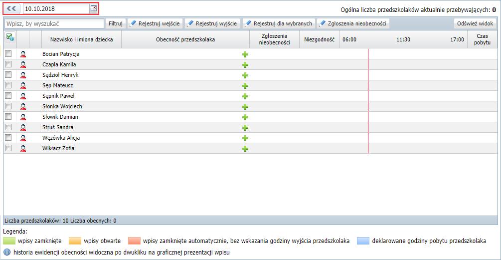 UONET+. Ewidencja obecności dzieci w przedszkolu 3/16 Aby wyświetlić tabelę na inny dzień, należy skorzystać z datownika znajdującego się nad tabelą.
