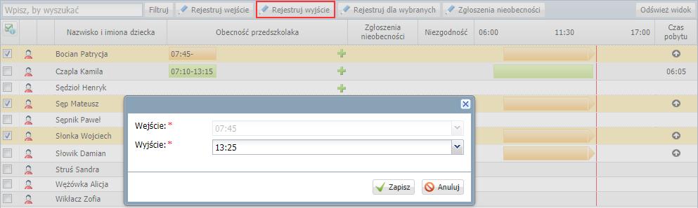 wpis. W wyświetlonym oknie wprowadź godzinę wyjścia i kliknij przycisk Zapisz.