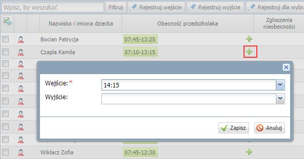UONET+. Ewidencja obecności dzieci w przedszkolu 7/16 Kolejny wpis w tym samym dniu można wprowadzić tylko wówczas, gdy poprzedni wpis został zamknięty, tzn. została wprowadzona godzina wyjścia.