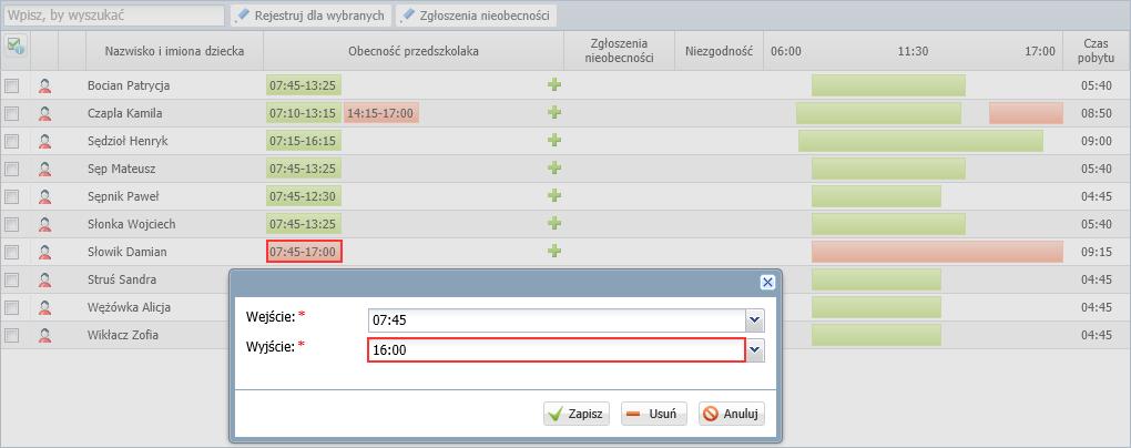 W wyświetlonym oknie wprowadź godzinę wejścia i wyjścia i kliknij przycisk Zapisz. Modyfikowanie wpisów (np.