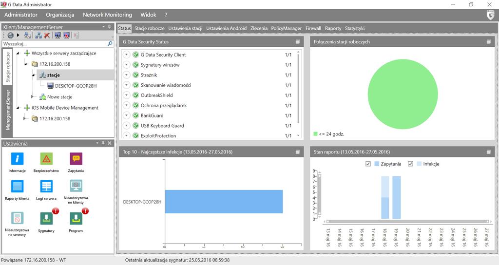 G DATA Administrator 26 Kliknięcie ikony strzałki obok znaku zapytania w prawym, górnym rogu ekranu otwiera menu umożliwiające podejrzenie bieżącej wersji programu G DATA Administrator oraz