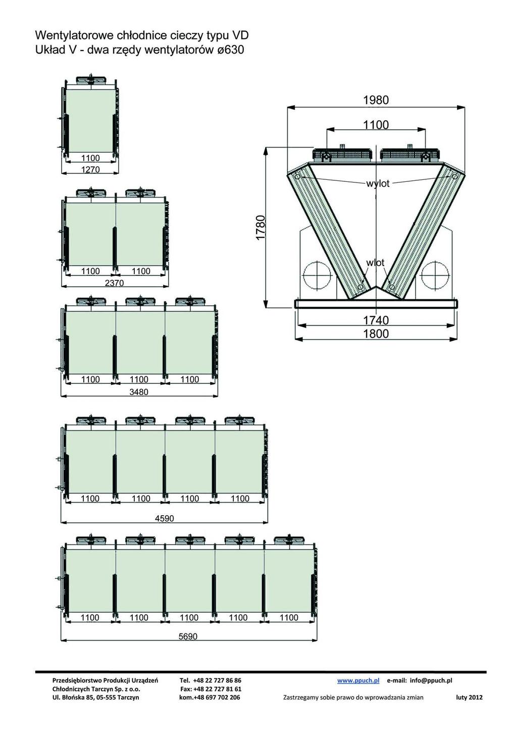 Wentylatorowe chłodnice cieczy typu VD Układ V- dwa rzędy wentylatorów 0630 dt - 1100 1270 1980