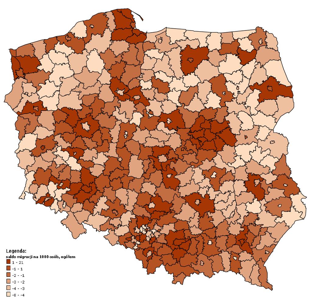 S t r o n a 23 Grafika 6. Mapa Polski saldo migracji na 1000 osób w 2014 r. w podziale na powiaty. Źródło: geo.stat.gov.pl; dostęp w dniu 03.08.2017 r.