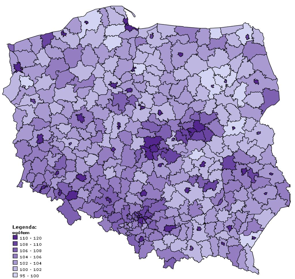 S t r o n a 27 Grafika 7. Mapa Polski współczynnik feminizacji w 2015 r. w podziale na powiaty. Źródło: geo.stat.gov.pl; dostęp w dniu 17.07.2017 r.