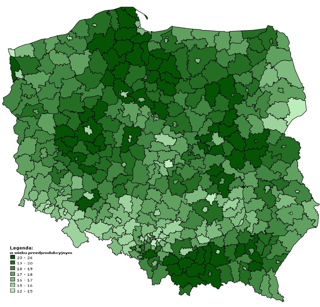 S t r o n a 32 Grafika 8. Mapa Polski ludność w wieku przedprodukcyjnym w ludności ogółem w 2015 r. w podziale na powiaty. Źródło: geo.stat.gov.pl; dostęp w dniu 17.07.2017 r.