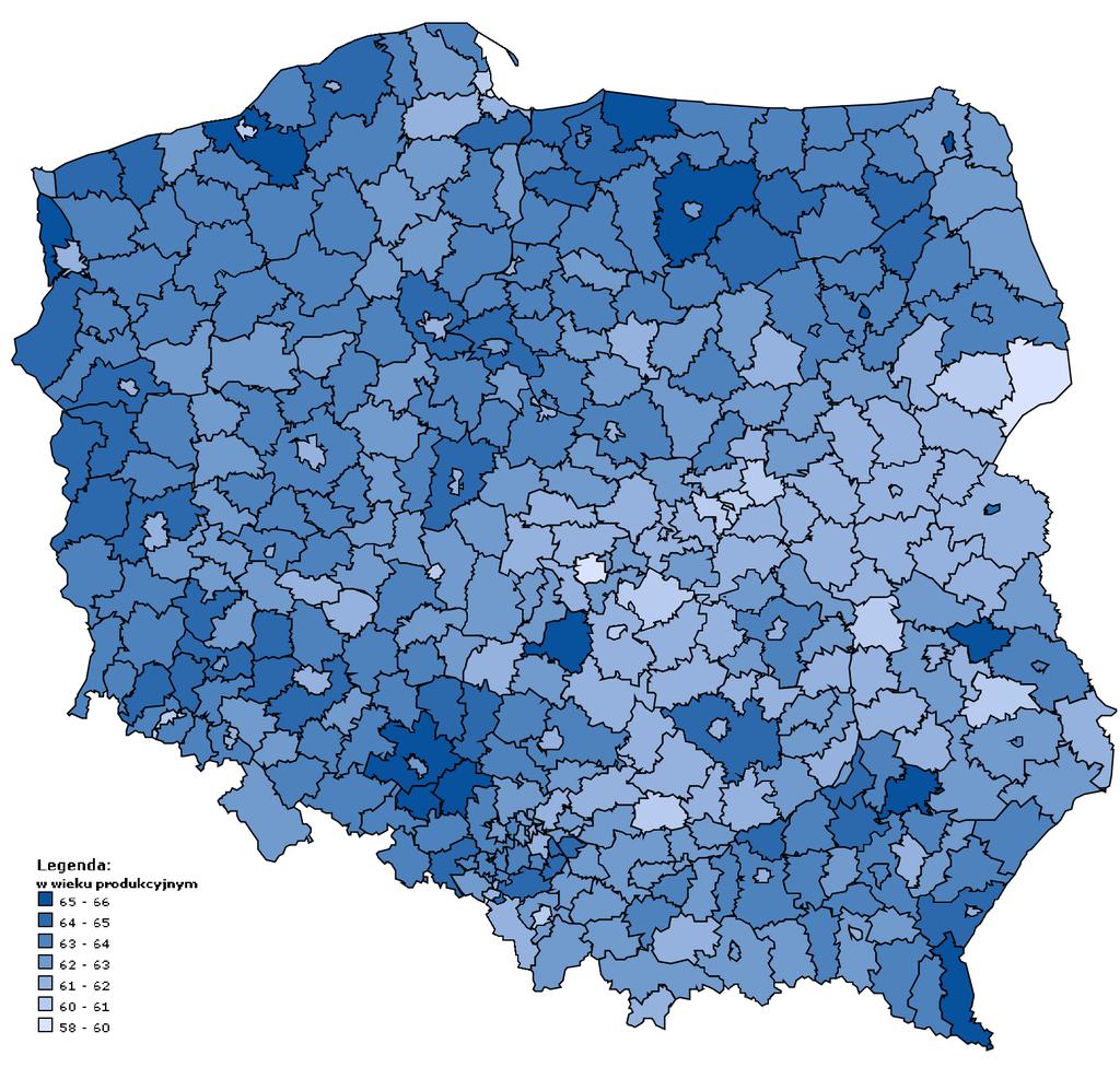 S t r o n a 34 Grafika 9. Mapa Polski ludność w wieku produkcyjnym w ludności ogółem w 2015 r. w podziale na powiaty. Źródło: geo.stat.gov.pl; dostęp w dniu 17.07.2017 r.