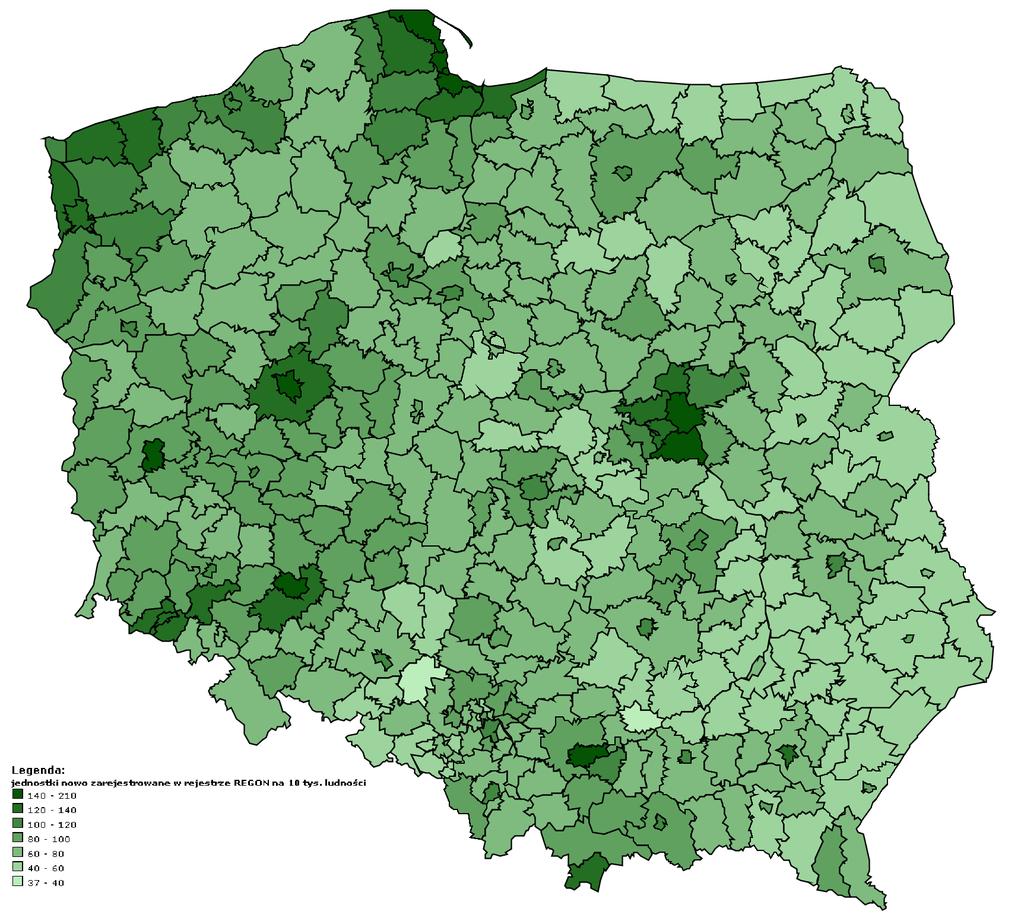 S t r o n a 48 Grafika 13. Mapa Polski jednostki nowo zarejestrowane w rejestrze REGON na 10 tys. ludności w 2015 r. w podziale na powiaty. Źródło: geo.stat.gov.pl; dostęp w dniu 17.07.2017 r.