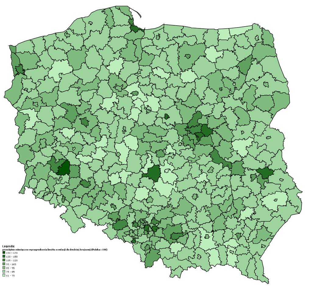 S t r o n a 56 Grafika 14. Mapa Polski przeciętne miesięczne wynagrodzenia brutto w relacji do średniej krajowej (Polska=100). Źródło: geo.stat.gov.pl; dostęp w dniu 17.07.2017 r.