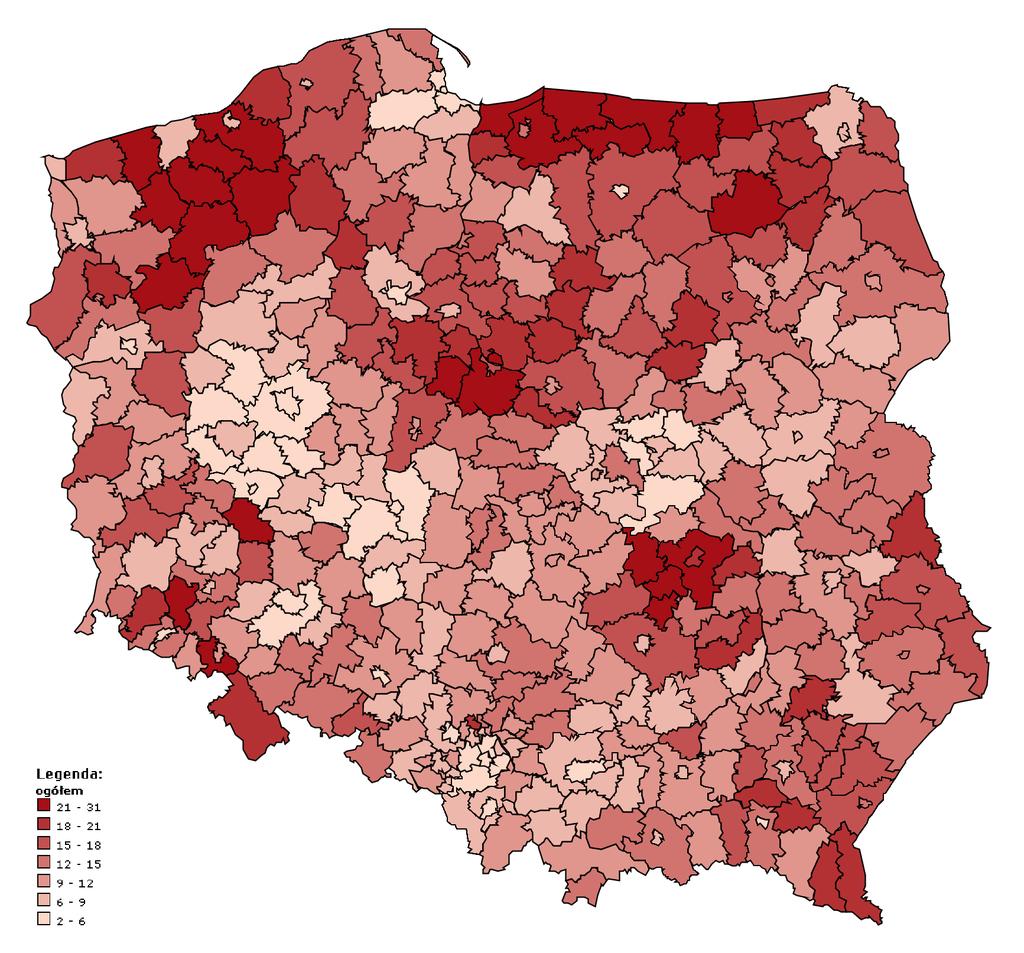 S t r o n a 60 Grafika 15. Mapa Polski stopa bezrobocia rejestrowanego w 2015 r. w podziale na powiaty. Źródło: geo.stat.gov.pl; dostęp w dniu 17.07.2017 r.