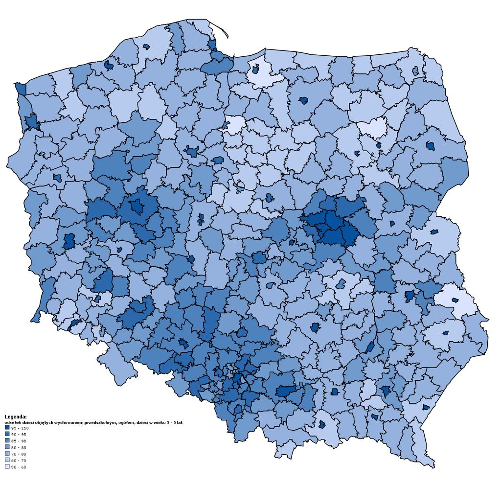 S t r o n a 66 Grafika 17. Odsetek dzieci objętych opieką przedszkolną, w wieku 3-5 lat w 2014 r. w podziale na powiaty. Źródło: geo.stat.gov.pl; dostęp w dniu 17.07.2017 r.