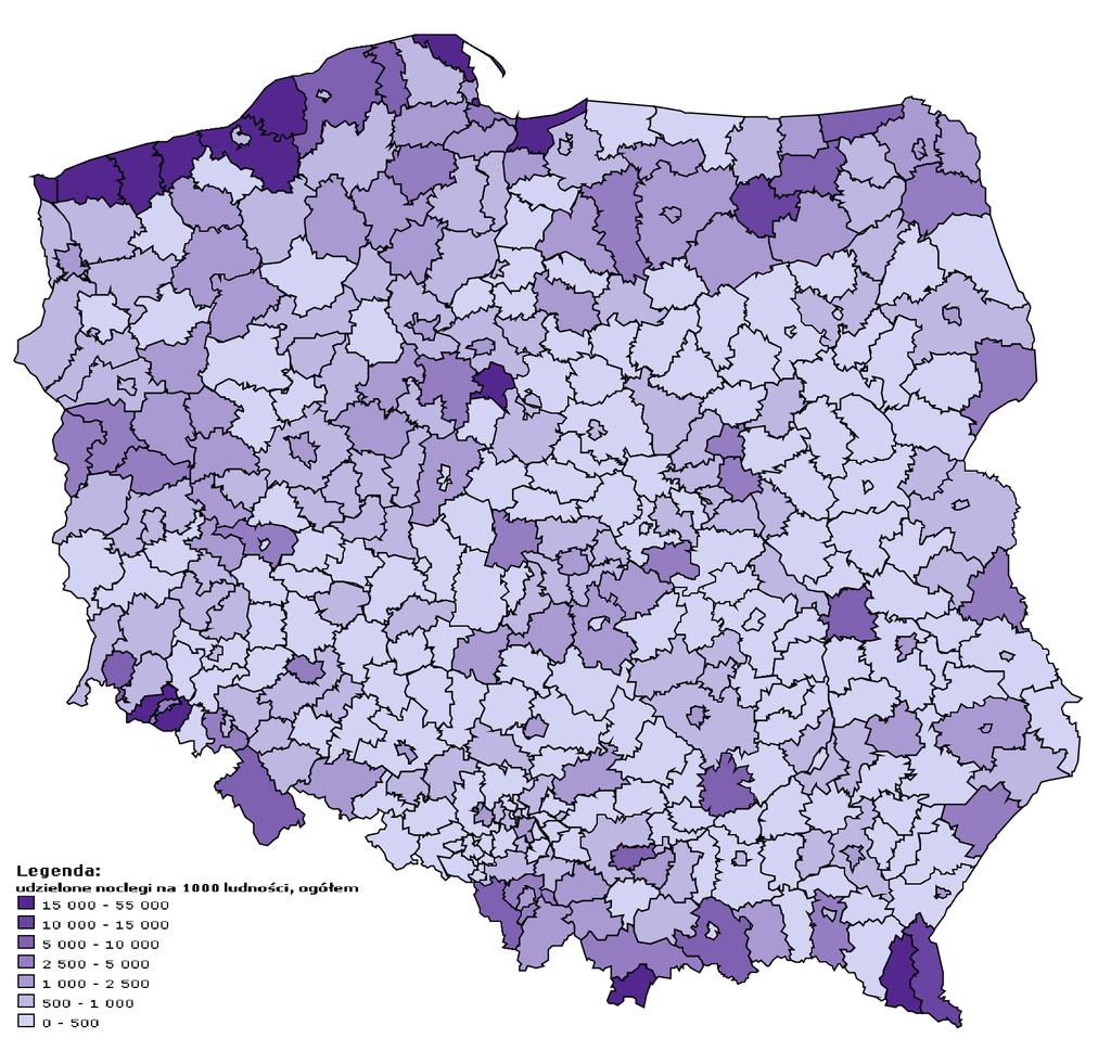 S t r o n a 85 Grafika 21. Liczba noclegów udzielonych turystom (w obiektach ogółem) na każde 1000 mieszkańców w 2015 r. w podziale na powiaty. Źródło: geo.stat.gov.pl; dostęp w dniu 29.07.2017 r.