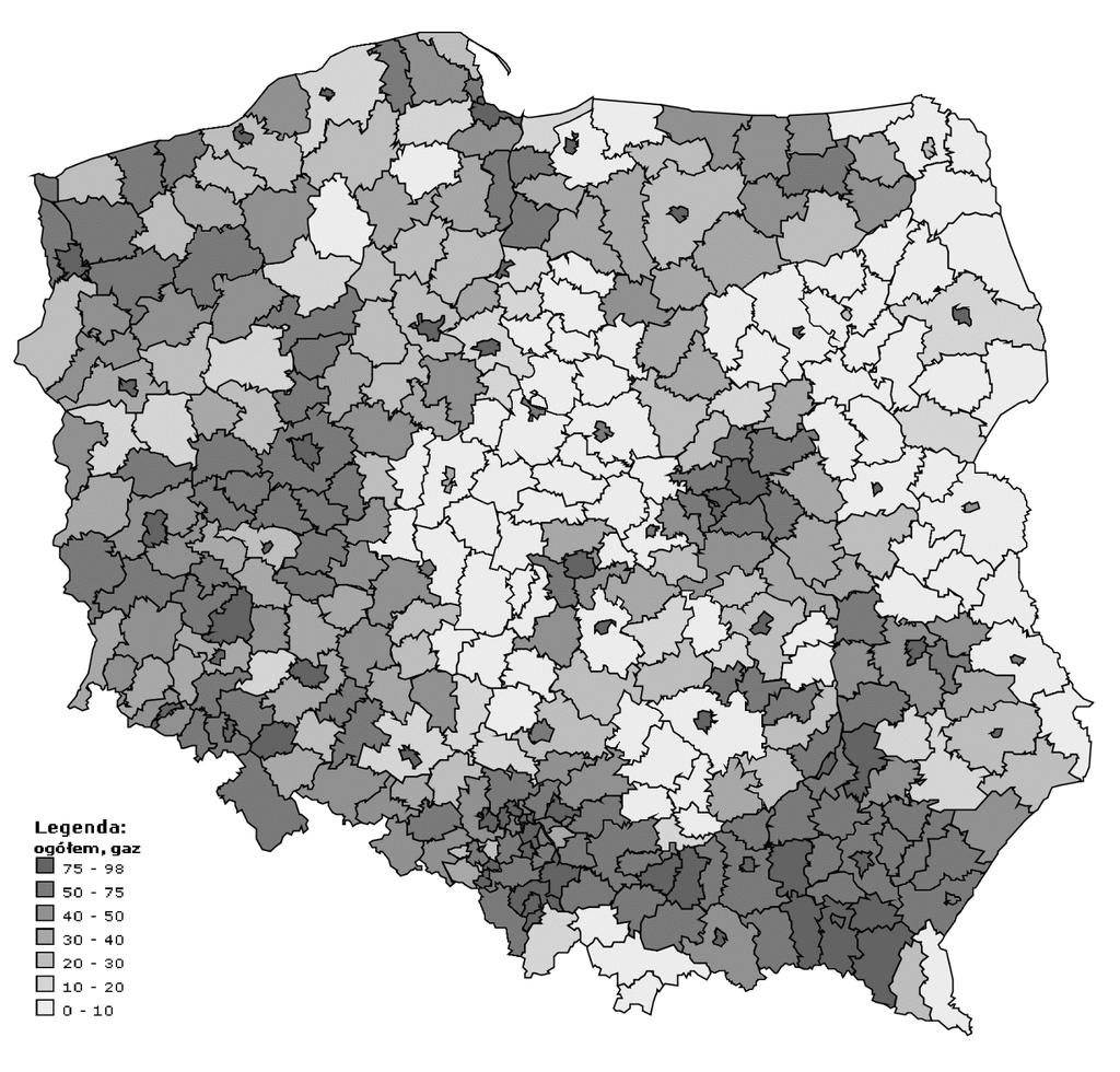 S t r o n a 95 Grafika 26. Udział ludności korzystającej z sieci gazowej w ludności ogółem w 2015 r. w podziale na powiaty. Źródło: geo.stat.gov.pl; dostęp w dniu 29.07.2017 r.