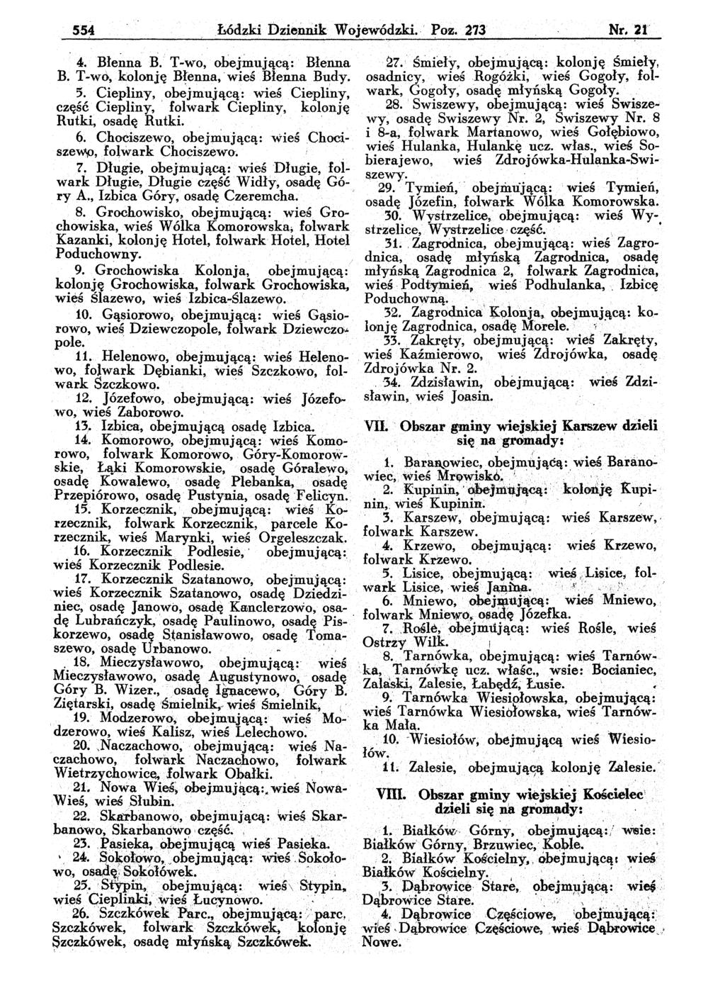 554 Łódzki Dziennik Wojewódzki. Poz., 273 Nr, 21 4. Błe~naB. T-wo, ohejmującą: Błenna B. T-wo, kolonję Błenna," wieś Błenna Budy. 5.