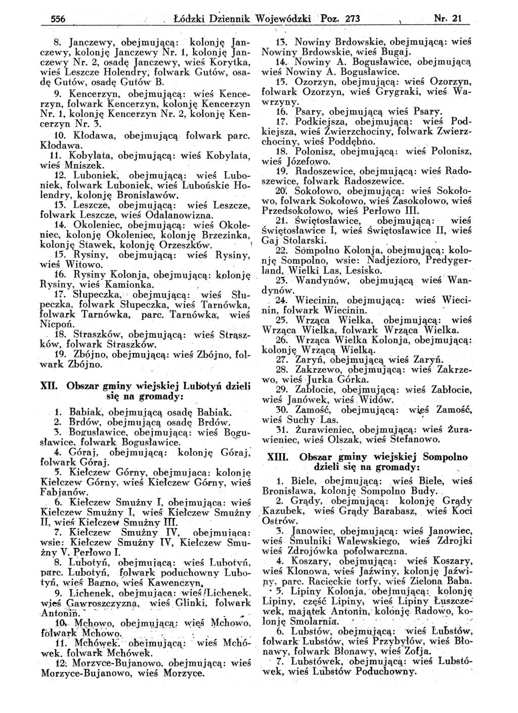 _5_5_6--- --=--.-:..-...:..Ł~ó..::.d=zk=i=_=D:...::z=ie~n~k Wojewódzki ; Poz. 273 Nr. 21 8. Janczewy, ohejmującą: kolonję Janczewy, kolonję Janczewy Nr. 1, kolonję JanczewyNr.