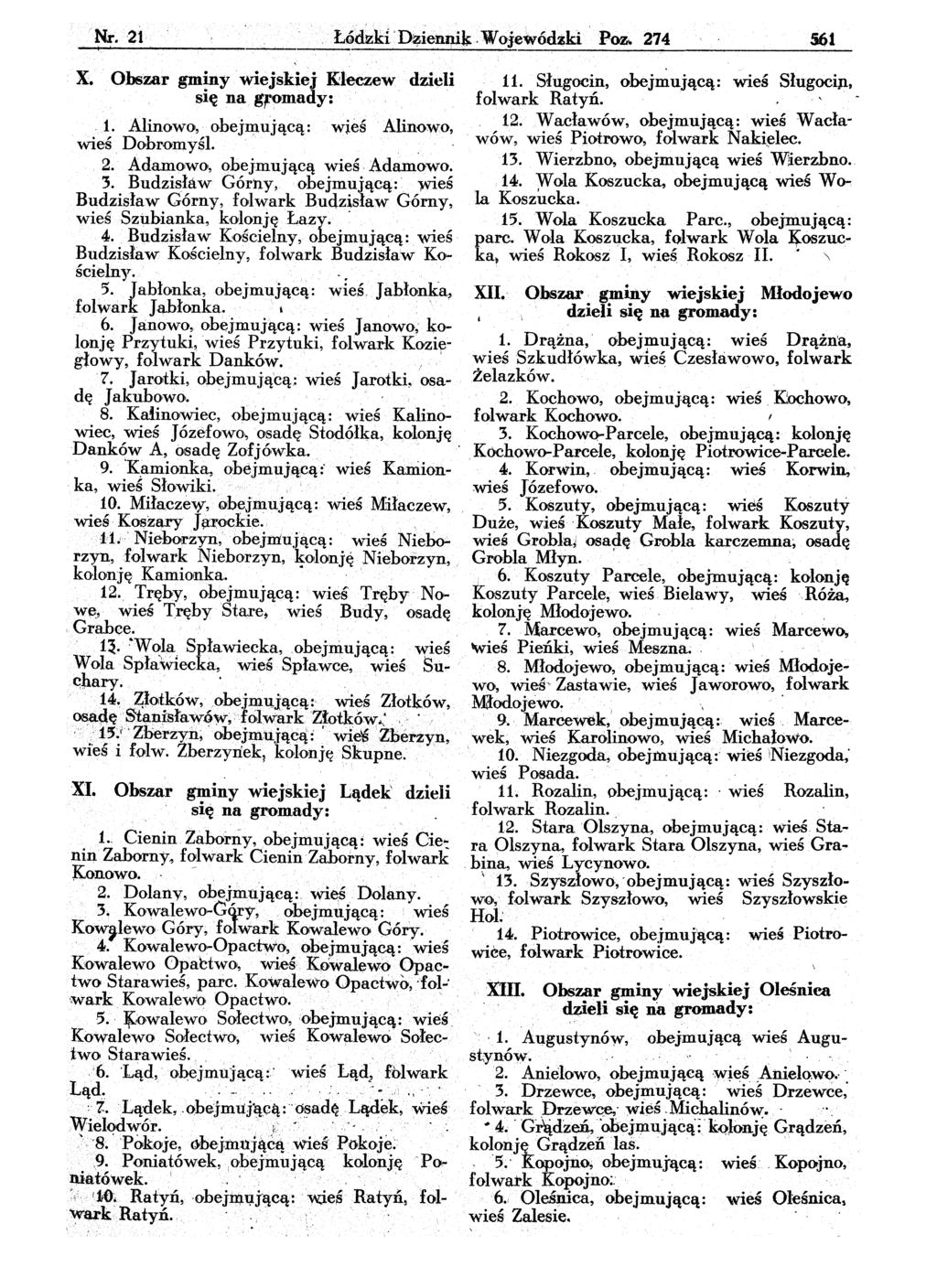 Nr. 21 Łód~ki o D~ieną.ik. Wojewoozki. Po~ 274 561 x. Obszar gminy wiejskiej K:łeczew dzieli się na gromady:.1. Alinowo, obejmującą: wieś AlinowO, wieś Dohromyśl.. 2. Adamowo, obejmującą wieś, AdamowO.