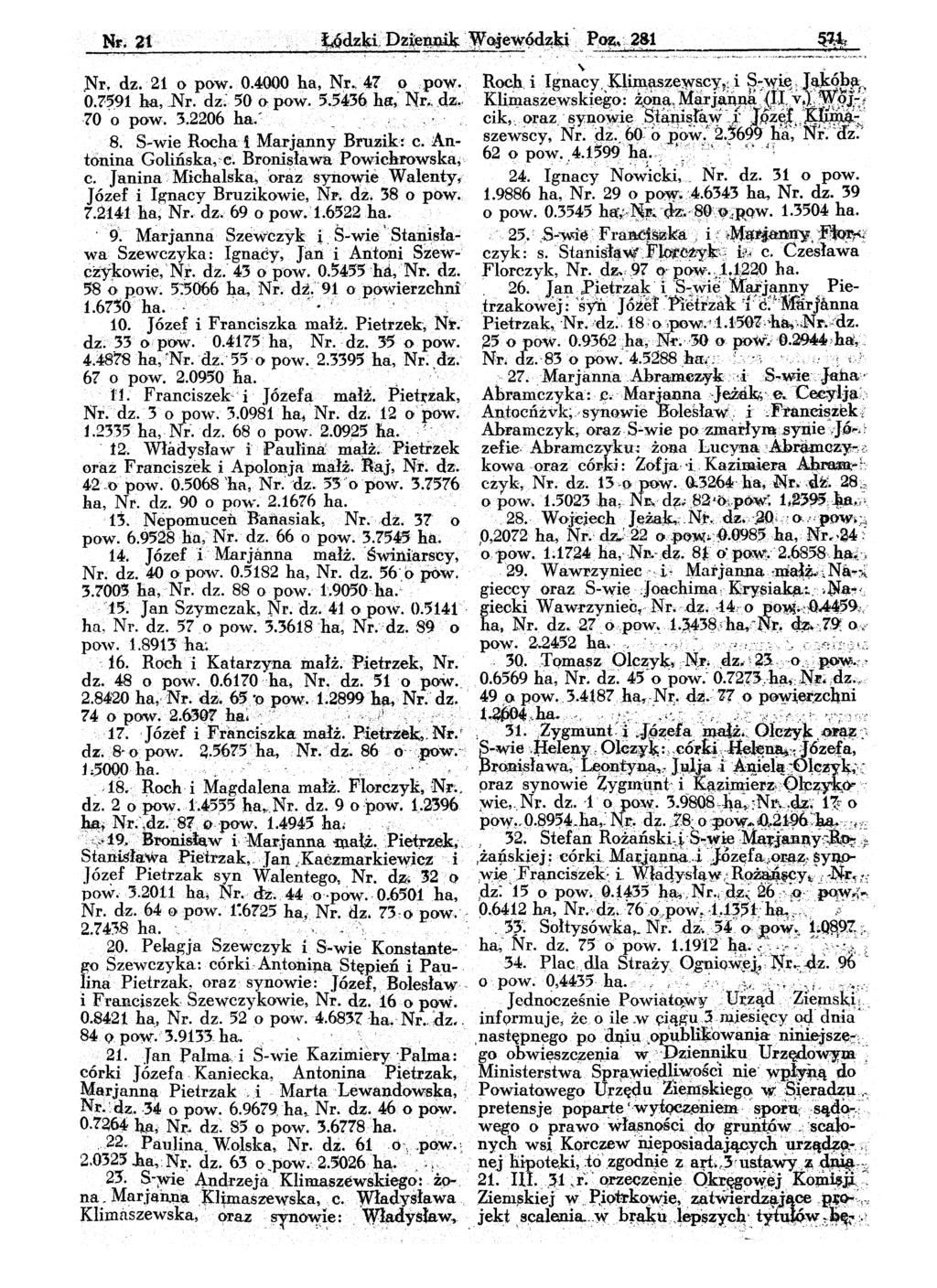 ,Nr, dz. 21 o pow. 0.4000 ha, N,r.,41 ;Q,pow. Roch, i Ignacy, l(l.imąs~ews.cy~:i S-:-w,ie.,J9.kqbłl~, 0.?-?91 ha, Nr. dz: 50 o pow. 5.5436 h~~ N"r. dz!. Kliń.lasżewskięgo: z.