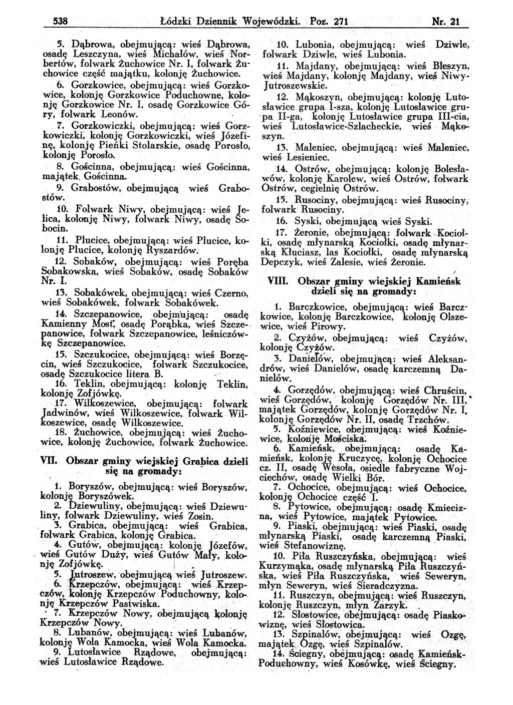 538 Łódzki DziennikWojew6dzki. Poz. 271 Nt. 21 5. Dąbrowa, obejmującą:- wieś Dąbrowa, osadę Leszczyna, wieś Michałów, wieś,/norbertów, folwark żuchowice Nr.