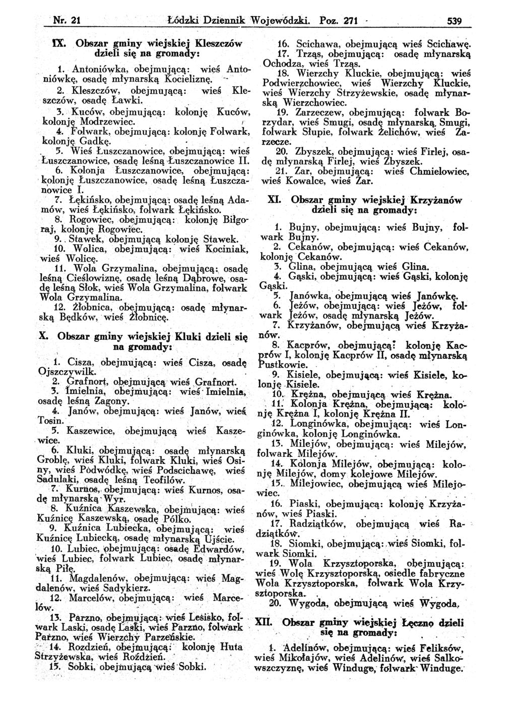 Nr_ 21 Łódzki DziennikWojewódzk.i. Poz. 211. 539 IX. Obszar gminy wiejskiej Kleszczów dzieli się na gromady:, 1. Anfoniów-ka, obejmującą: więś Antoniówkę, osadę młynarską Kocieliznę.-~ 2.